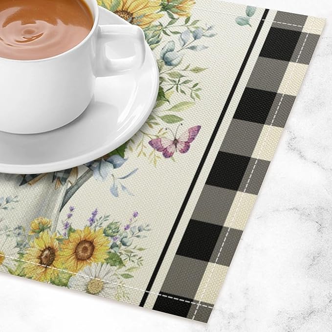 Vintage Sunflower Theme Placemat Set, Rustic Farmhouse Vivid Lavender Floral Butterflly Black White Check Pattern Home Decor Linen Table Mats for Dining Room Kitchen Party (17x12in) x2P