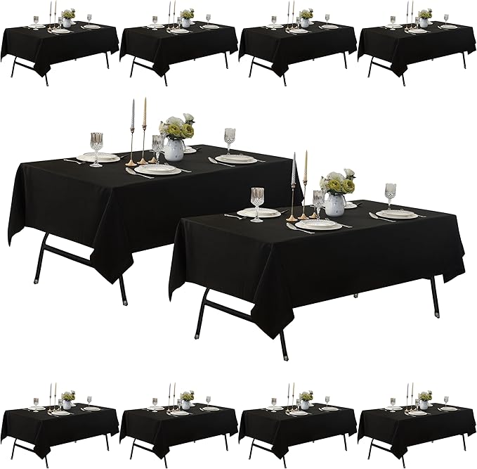 10-Pack 60x120 inch Black Table Cloths, Solid Stain and Wrinkle Resistant Oblong Tablecloth, Premium Plain Weave Polyester Fabric Rectangle Table Linen Covers for Hotel, Wedding