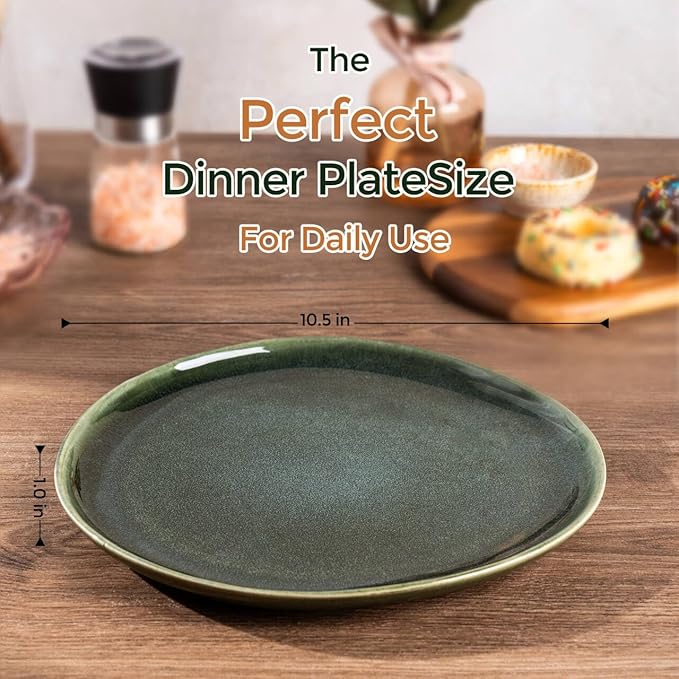 AmorArc Ceramic Dinner Plates Set of 6, 10.5 Inch Handmade Reactive Glaze Stoneware Plates, Rustic Shape Dinnerware Dish Set for Kitchen, Microwave & Dishwasher Safe, Scratch Resistant
