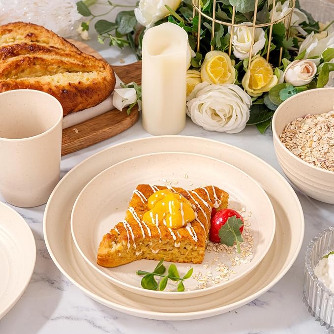 LIYH 24 Pcs Beige Plastic Wheat Straw Dinnerware Sets - Reusable Unbreakable Wheat Straw Bowls & Plates Dinner Set, Dishwasher Safe Plates Bowls Cups for Party Dish Set for 6 Kitchen & Camping