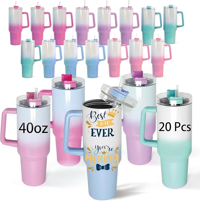 40 oz Sublimation Tumbler with Handle Lid and Straw 20 Pack Gradient Glitter Stainless Steel Double Wall Vacuum Insulated Bulk Sublimation Blank Mixed Colors