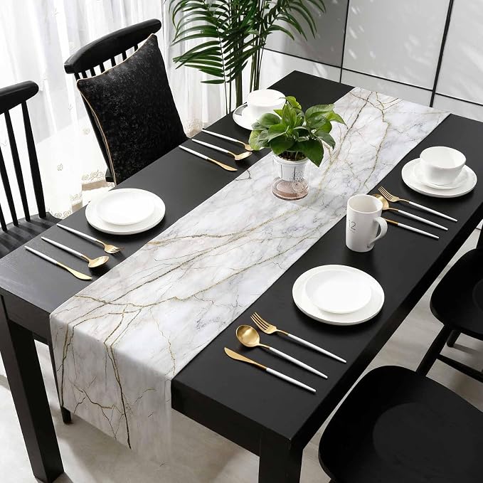 Marble Table Runner-Cotton Linen-Long 120 inche White Gray Gold Dresser Scarves - Image 5