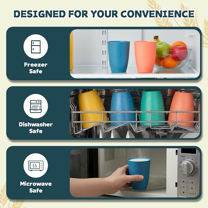 Wrova Wheat Straw Cups Set of 8, 12oz Kids Cups Unbreakable Drinking Cups - Image 8