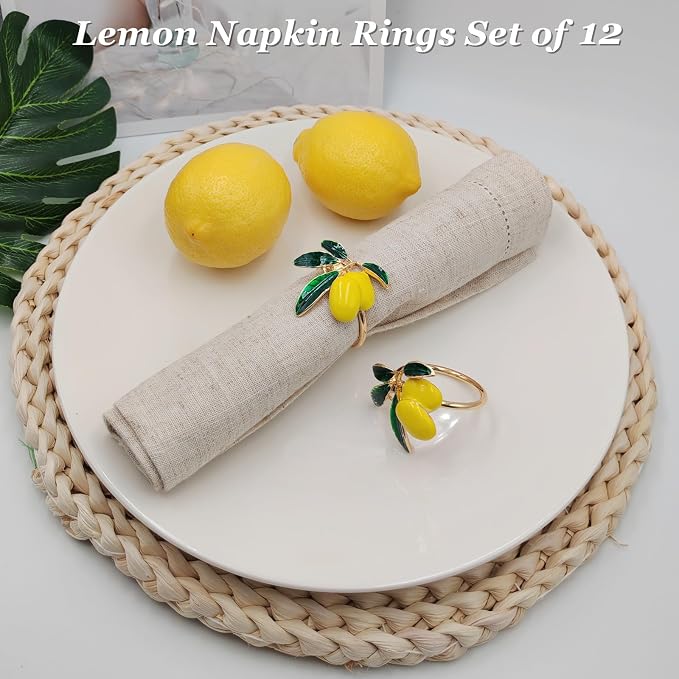 Lemon Napkin Rings Set of 12, Cheerful Gold Napkin Ring Tropical Fruit - Image 2