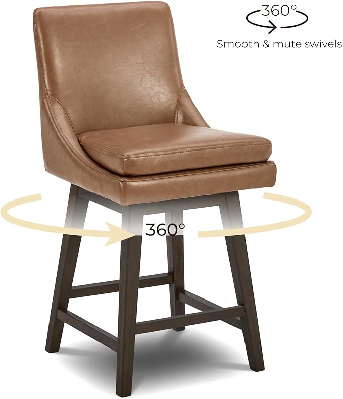 CHITA Counter Height Swivel Barstool with Back Set of 2, FSC Certified Upholstered Faux Leather Swivel Bar Stool, 26.8" H Seat Height, PU Leather in Retro Brown