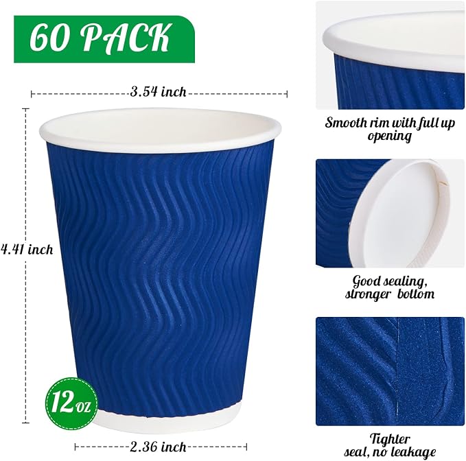 JollyPack Disposable Paper Coffee Cups, 12 oz, 60 Pack, Insulated Ripple Wall - Image 2