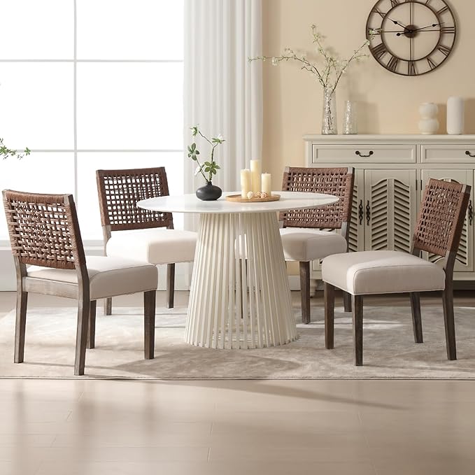 Farmhouse Dining Chairs Set of 4 Linen Fabric Upholstered Accent Side Chair, Mid Century Modern Kitchen & Dining Room Chairs with Woven Rope Back for Home, Living Room, Bedroom - Beige
