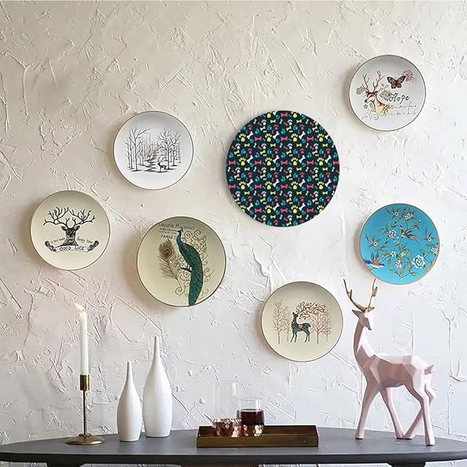 Ceramic Plates, Dog Lover Decorative Ceramic Plates, Cool Canine Elements Paw Marks and Bones, 7 Inch, Household Plates Decorative, Multicolor