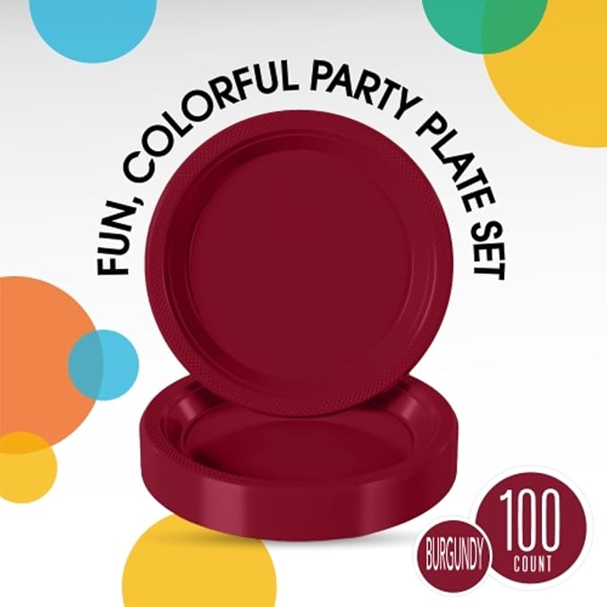 Burgundy Plastic Plates - 7 Inch, 100 Pack, 350 GSM