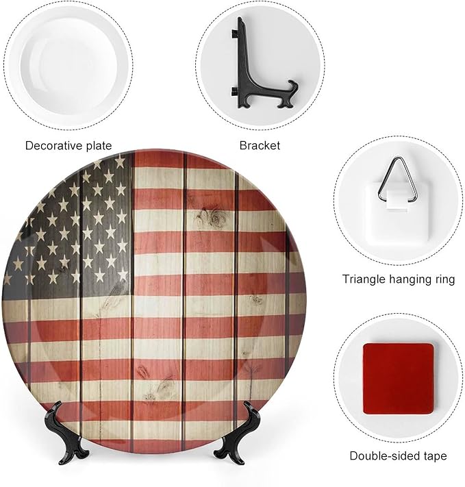Ceramic Display Plate, American Flag Decor Ceramic Hanging Decorative Plate, USA Flag Over Vertical Striped Wooden Board, 6 Inch, Household Custom Ceramic Plate, Blue Red
