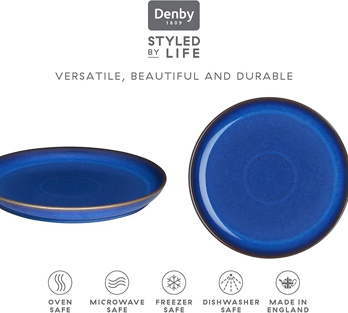 Denby - Imperial Blue Coupe Dinner Plates Set of 6 - Dishwasher Microwave Oven Safe - Scratch Chip Resistant - Large Ceramic Stoneware Dinnerware Plates Set