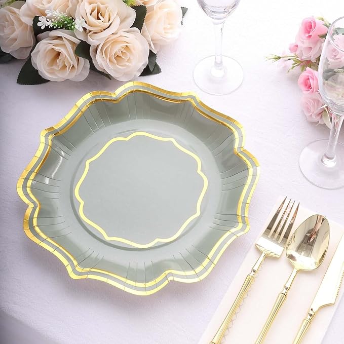 50 Pack 10" Sage Green/Gold Scallop Rim Dinner Plates, Disposable Round Paper Party Plates 300 GSM for Festive Table Decoration
