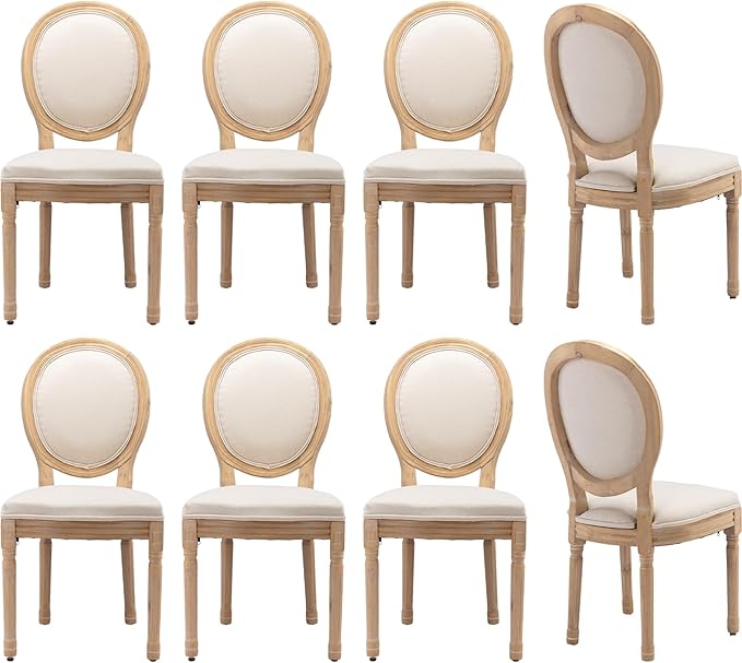 Vintage French Dining Chairs Set of 8, Round Back Accent Chairs with Linen Seat and Solid Wood Frame, Farmhouse Sillas de Comedor Upholstered for Dining Room & Kitchen, Beige