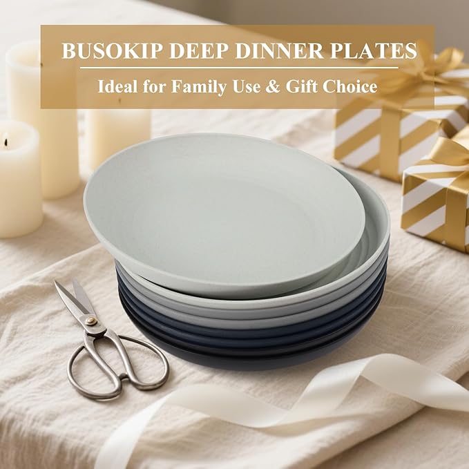 Wheat Straw Plates 9 Inch, Unbreakable Plastic Plates Reusable, Dinner Plates Set of 8, Lightweight Kitchen Plate, Dishwasher & Microwave Safe Plate for Outdoor, Camping, Picnic(Black, Grey)