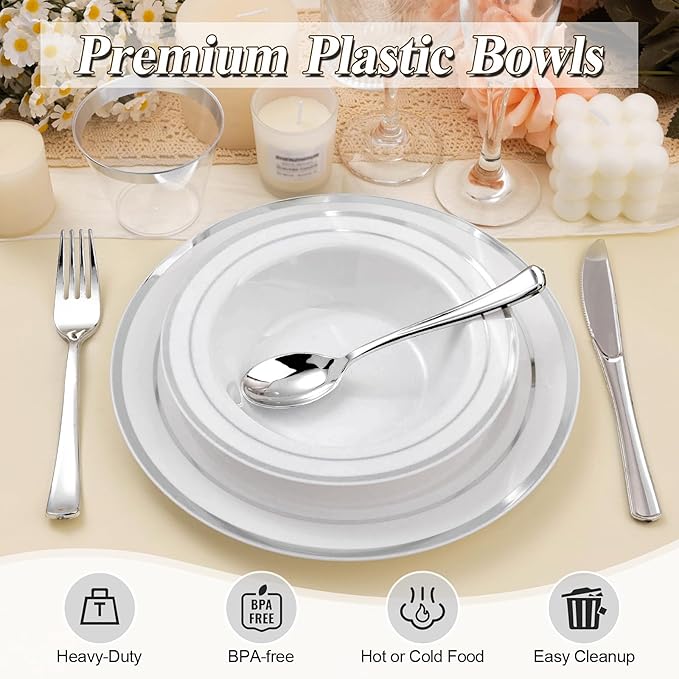 BESTSTAR 50 Pack Disposable Soup Bowls with Silver Rim, 12oz Premium Heavy Duty Plastic Dinner Bowls for Party, Wedding and Holiday