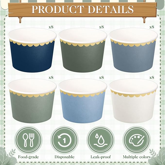 Zopeal 48 Pcs Dusty Blue and Green Disposable Ice Cream Bowls 9oz Blue Gradient Color Paper Snack Cups with Gold Scallop for Parties, Weddings, Baby Showers, Desserts, Yogurt, and Salads
