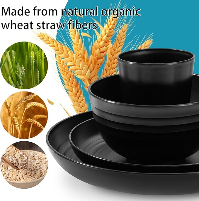 Supernal 32pcs Black Wheat Straw Dinnerware Sets with 25pcs Linen Napkins,Plates and Bowls Sets for 8,Black Plastic Dinnerware Sets, Microwave Dishwasher Safe Plates, Dishes Set for 8
