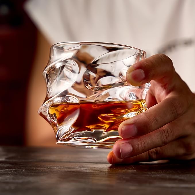 GLASKEY 12 oz Hand Blown Crystal Whiskey Glasses Set of 4, Unique Cognac Glass, Heavy Thick Bottom Bar Glass for Scotch Bourbon Rum Gin Water Cocktail,Gifts Men Gifts Ideas