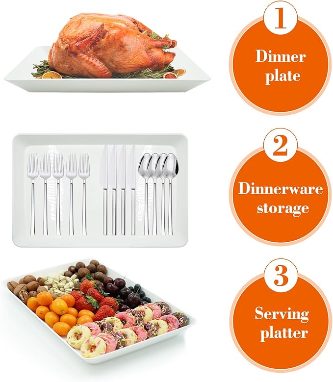 Serving Tray Platter, 4 Pcs Food Tray for Veggie Fruit Snack Dessert Cookie Cheese, Food Trays for Party Supplies Display, Plastic Platters for Serving Food, Large White Trays, BPA Free