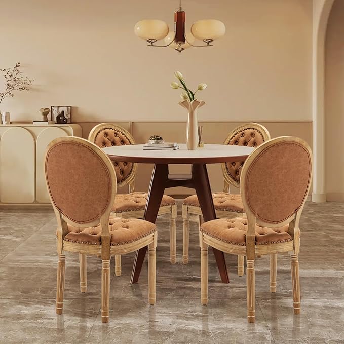 SoarFlash French Dining Chairs Set of 4, Vantage Dining Chair with Round Back, Farmhouse Country PU Leather Dining Chair for Kitchen,Bedroom,Orange