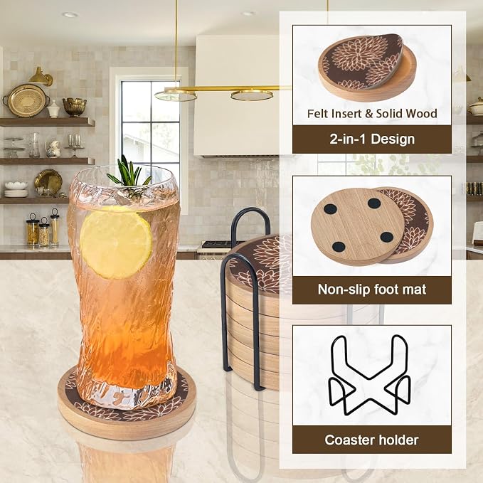 Wood Coasters Set of 6 with Holder, Cewiru Cup Mat - Image 5