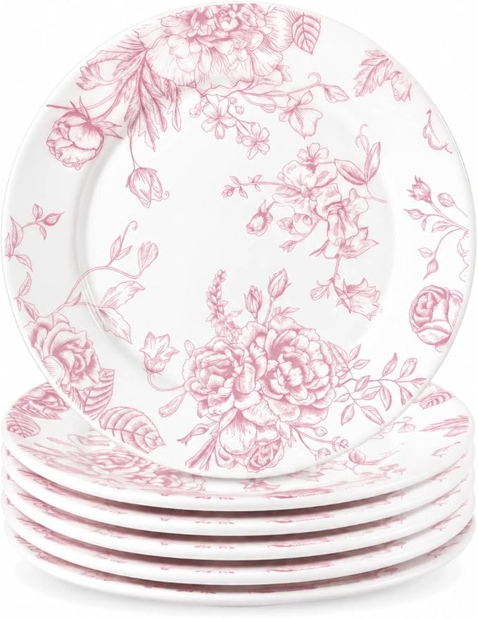 Honeydak 6 Pcs 6 Inch Pink Floral Flower Ceramic Plates Pink and White by Honeydak