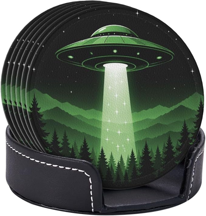 Modern UFO Mountain Art Leather Coasters Set of 6 - Image 2