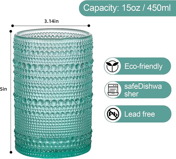 ZMOWIPDL Drinking Glasses Set of 6, 15 oz Lake Blue Hobnail Glass Cups | - Image 2