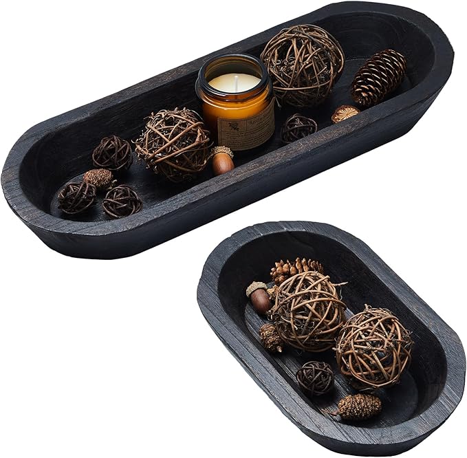 Tessco 2 Pcs Wooden Dough Bowl for Home Rustic Bread Long Wooden Bowl for Kitchen Dining Table Home Decoration(10 x 6 x 2 Inch, 16 x 6 x 2 Inch,Dark Brown)