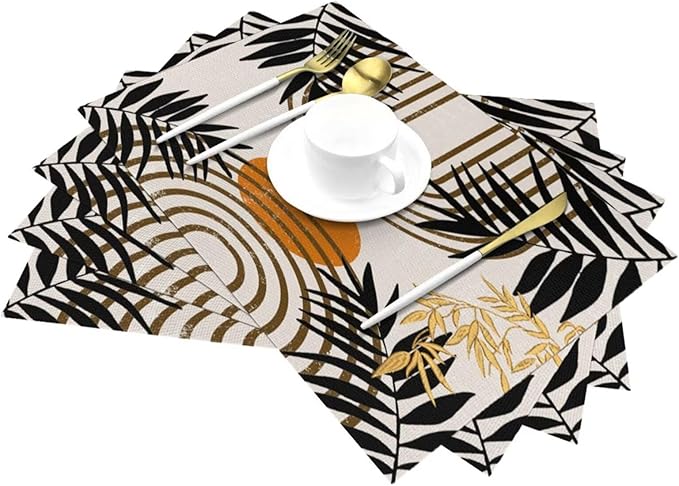 Vintage Mid Century Boho Placemats for Abstract Sun Bamboo Aesthetic Arch Curve Leaves Geometric Washable Place Mats 12x18Inch for Dining Kitchen Farmhouse Decor 6 PCS