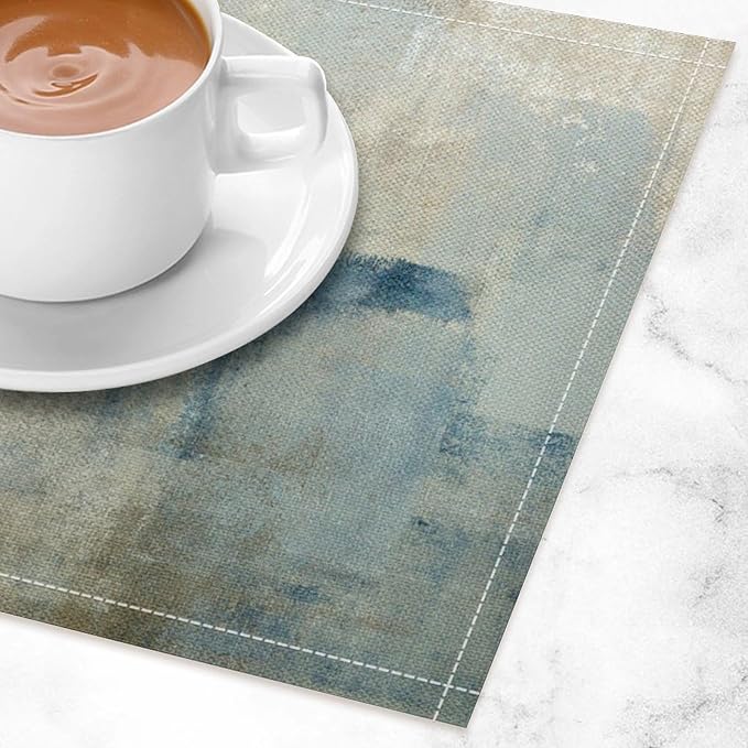 Gradient Placemat Set, Modern Minimal Fashion Abstract Beige Brown Blue Art Oil Painting Brush Strokes Patchwork Pattern Home Decor Linen Table Mats for Dining Room Kitchen Party (17x12in) x4P