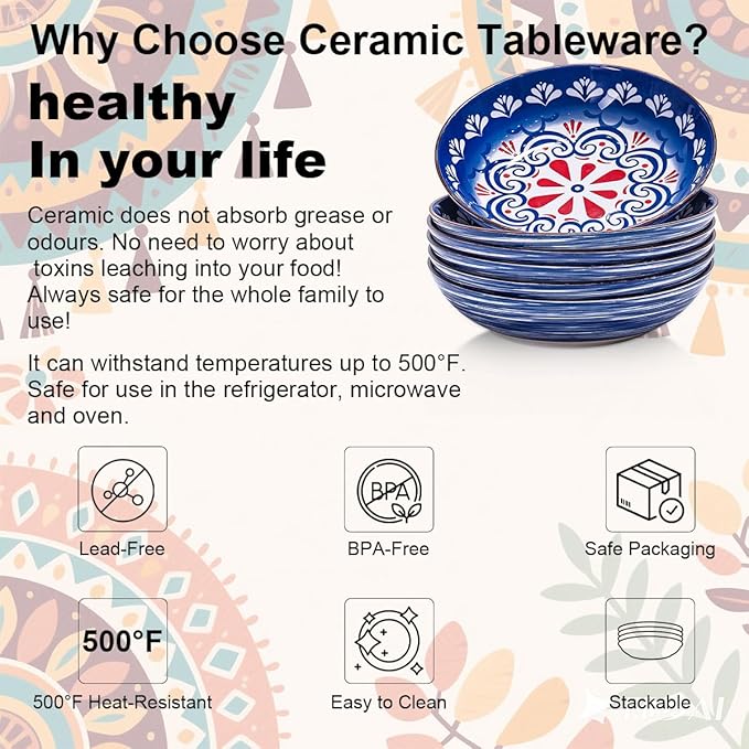 Yeacccng Pasta Bowls Set of 6, 35 Oz Ceramic Large Salad Bowl, 8.5 Inch Colorful Serving Bowls for Kitchen, Dishwasher & Microwave Safe, Scratch-Resistant, Lead-Free (Blue*6)