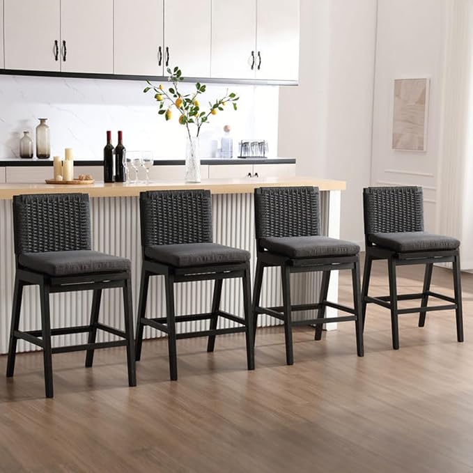 Carbon Black Bar Stools Set of 4, 27.3 Inch Counter Height Stools Upholstered Linen Armless Bar Chairs with Woven Rope Backrest Wooden Legs for Kitchen Island Dining Room