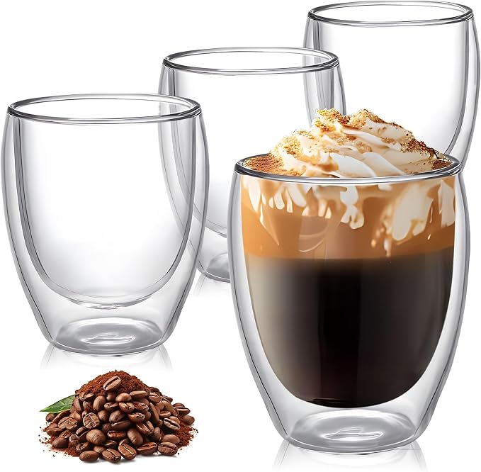 8 Ounces Set of 4 Double Walled Glass Coffee Mugs Insulated Layer Coffee Cups by Unknown