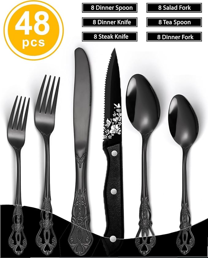 48 Pcs Gorgeous Retro Royal Black Silverware Set - Image 8