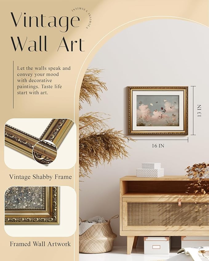 InSimSea Gold Picture Framed Wall Art, Living Room Vintage Butterfly Cloud Nursery Wall Decor, Field Landscape Canvas Print Art, Home Farmhouse Decor, Antique Paintings with Frame 13x16inch