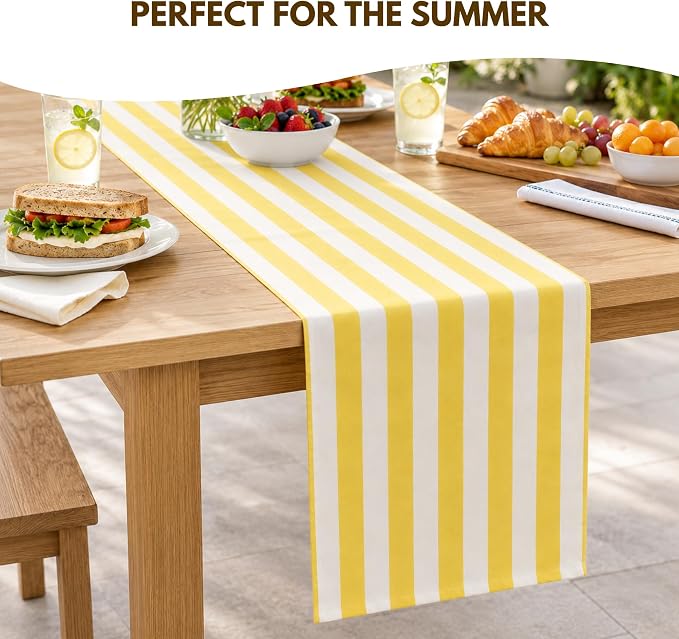 Folkulture Fall Table Runner 108 Inches Long | Yellow & White Striped | Table - Image 5