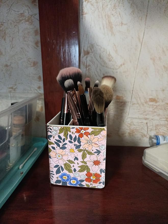 Pen Pencil Holder, Makeup Brush Holder,Ceramic Remote Control Holders Organizer with 2 Compartment Floral Multi-functional Office Organizers Storage Caddy Desk Tv Remote Holders Pink Flowers