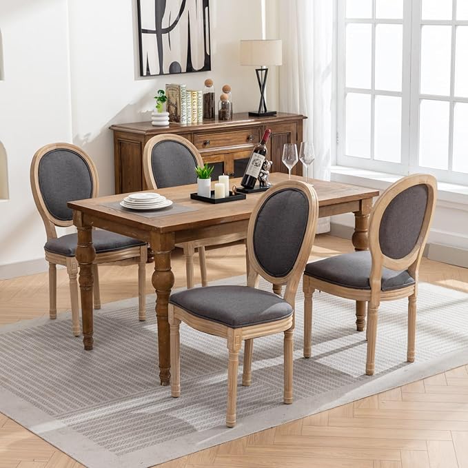 Vintage French Dining Chairs Set of 4, Round Back Accent Chairs with Linen Seat and Solid Wood Frame, Farmhouse Sillas de Comedor Upholstered for Dining Room & Kitchen, Gray