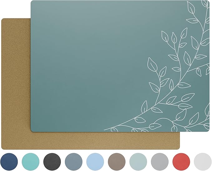 Royalty Art Teal Gray Boho Placemats, 4 Pc. Set, Non-Slip Cork Backed, Wipeable Heat Resistant Surface for Kitchen and Dining Table Protection, Cute Floral Pattern for Farmhouse or Rustic Decor