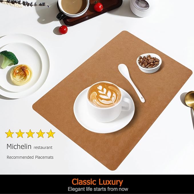 Vinyl Placemats Set of 6 Faux Leather 100% Waterproof Wipeable Washable Place Mats Heat Resistant Easy Clean Non-Slip Table Mats for Indoor Outdoor. (6, Brown)