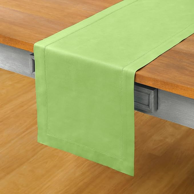 Solino Home Cotton Linen Dining Table Runner Green Hemstitch, 14 x 120 in | - Image 2