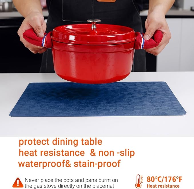 Vinyl Placemats Set of 4 Heat Resistant Easy Clean Non-Slip Place Mats for Dining Table Faux Leather Waterproof Stain Resistant Wipeable Washable PVC Table Mats(4, Blue)