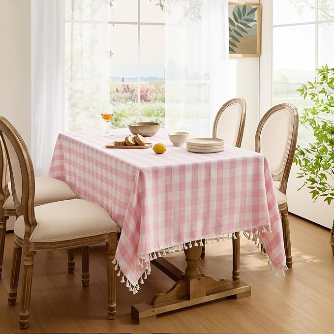 Softalker Valentines Pink Gingham Tablecloth Rectangle, Outdoor Linen Cotton Checkered Table Cloth with Tassel, Heavy Duty Wrinkle Free Plaid Table Cover for Easter Dining Spring Party - 55 x 70 Inch