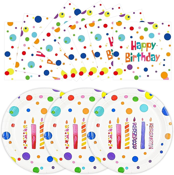 Birthday Plates & Napkins, Colorful Dots, 7 Inch, Disposable Paper Dinnerware by Unknown