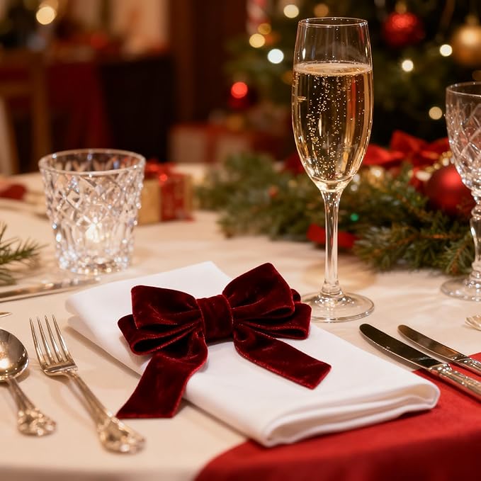 Bow Napkin Rings Set of 12 Luxury Soft Burgundy Velvet Napkin Holders, Elegant Bow Design for Christmas Holiday Dinner Wedding Party Table Decor