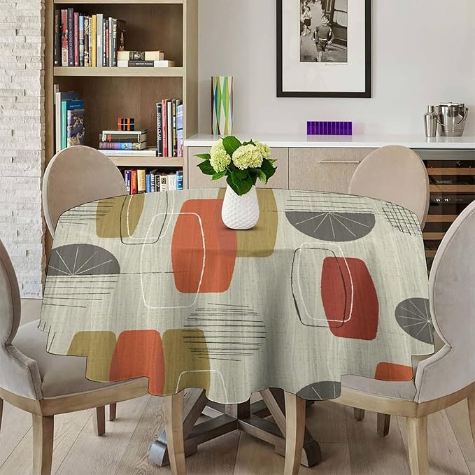 Retro Medieval Bohemian Round Tablecloth, Modern Mid Century Geometric Abstract Print Tablecloth for Home Party Dining Room Kitchen Decor 50Inch(127cm)