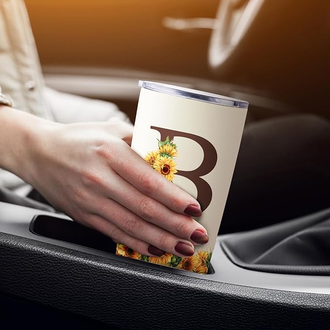 Sunflower Gifts for Women - Personalized Christmas Gifts for Women - Birthday Gift for Woman - Mothers Day Gift for Mom - Monogrammed, Initial 20oz Travel Cup Insulated Tumbler with Lid, B