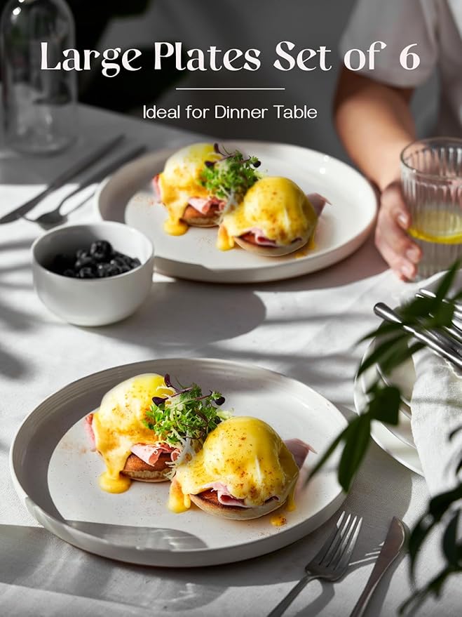 DOWAN 10.5" Large Dinner Plates Set of 6, Ceramic Salad Plate, Microwave, Oven & Dishwasher Safe, Moon-White Design Perfect for Party Dessert, Wedding Appetizer, Birthday, Mothers Day Gifts