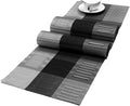 SHACOS Woven Vinyl Table Runners PVC Table Runners 12 x 36 inch Wipe Clean Reversible Plastic Weave Tabletop Counter Decor Mats Indoor Outdoor, Ombre Black and Gray